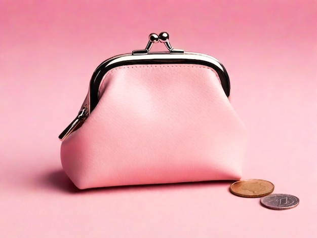 Розовый кошелек с монетами на розовом фоне