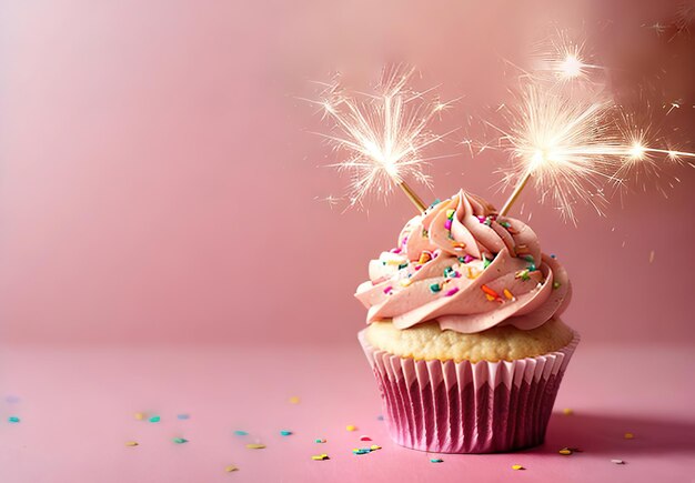ピンクの色の誕生日ケーキ 横のスペースコピー ろうそく 祝賀カード 背景 金色の背景