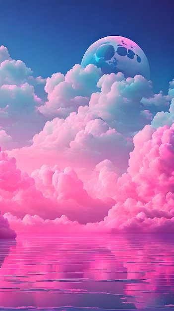 Photo pink color cloud sky landscape in digital art style with moon wallpaper