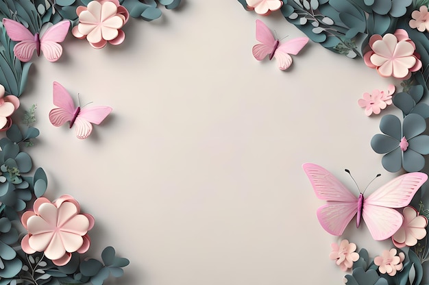 pink color frame of clover leaves view butterflies 3d background landscape wallpaper