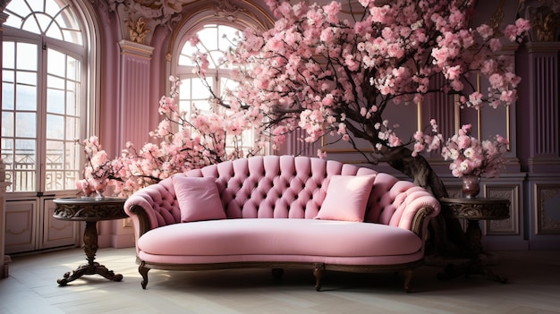 Foto salotto di colore rosa con fiori rosa e bianchi