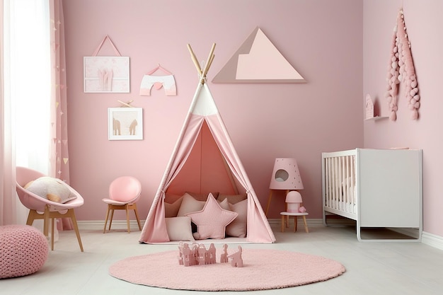 Pink colored baby nursery with cradle and play tent in scandinavian style Baby girl bedroom AI generated