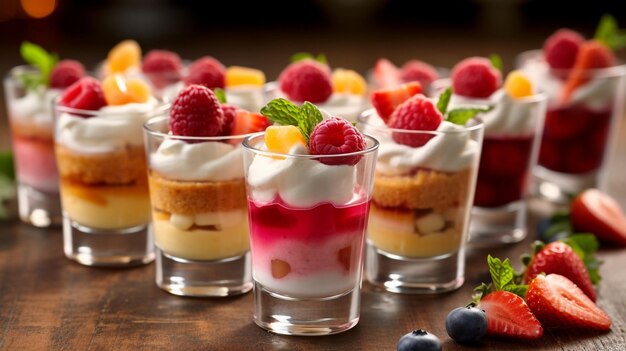 Pink coloured strawberry dessert in shot glass catering buffet Generative AI