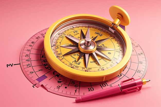 Pink compass and protractor on bright yellow background