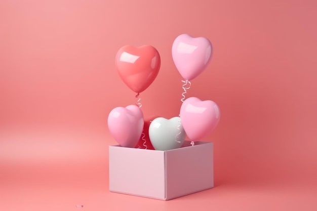 Pink composition with cute heart balloons in a box