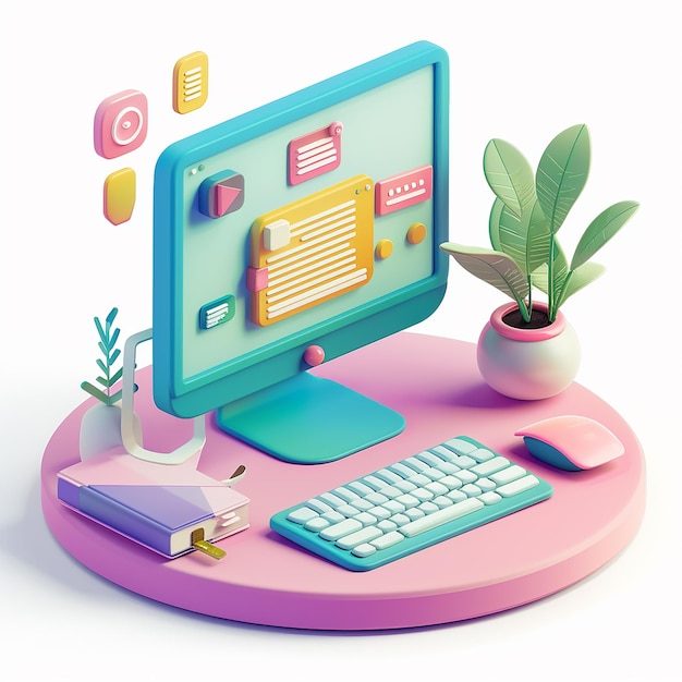 a pink computer desk with a plant and a keyboard