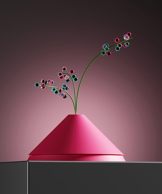 A pink container with flowers on it and a pink base.