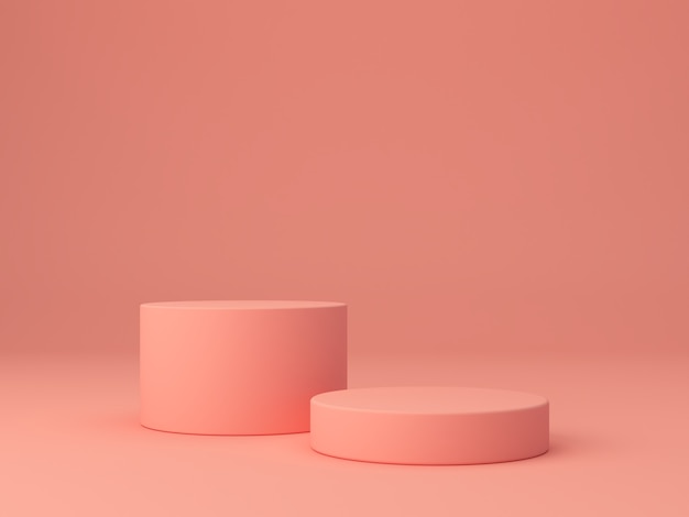 Pink coral shapes on a coral abstract background, minimal cylinder and geometric podium