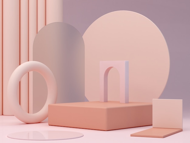 Pink coral shapes on a coral abstract background with minimal boxes and geometric podium