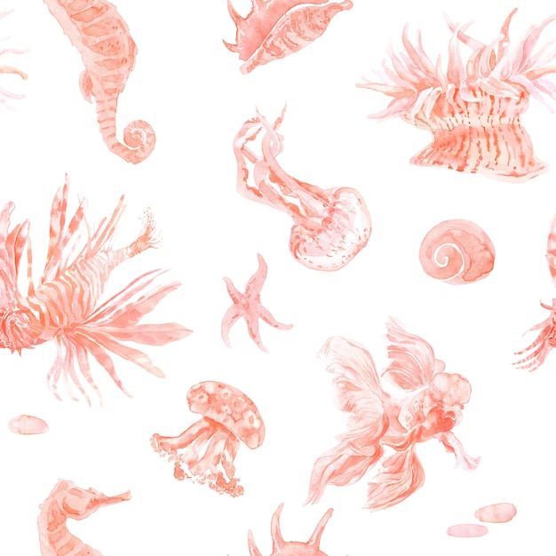 Photo pink coral watercolor seamless pattern. fish, jellyfish, hippocampus, actinium background. textile print