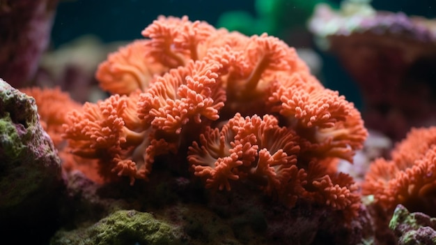 a pink coral with a green face sits on a rock.