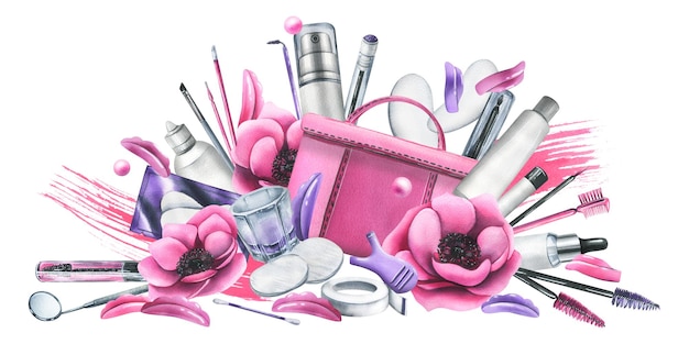 Photo pink cosmetic bag with eyelash lamination tools brushes silicone rollers bottled products watercolor illustration hand drawn isolated composition on a white background