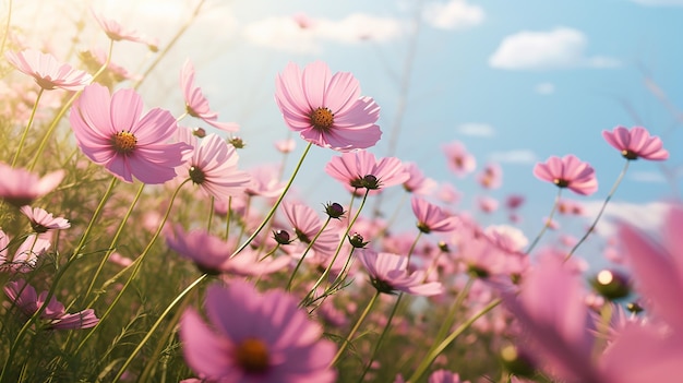 Pink cosmos flower blooming in the field in sunny day with soft sunlight