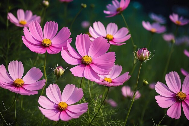 Pink Cosmos flowers are beautiful blooming in the evening