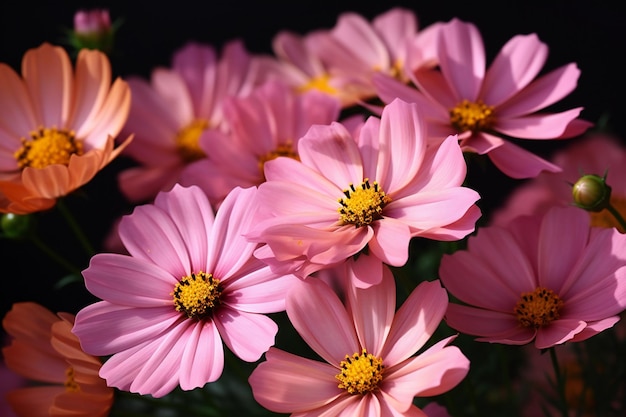 Pink cosmos flowers on black background closeup of beautiful flowers