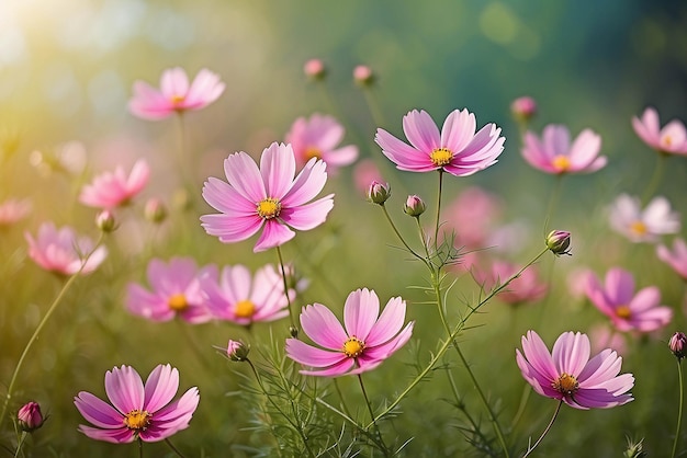 Pink cosmos flowers on blurred spring background with copy space