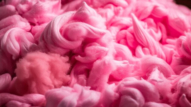 A pink cotton ball is rolled up in a bowl.