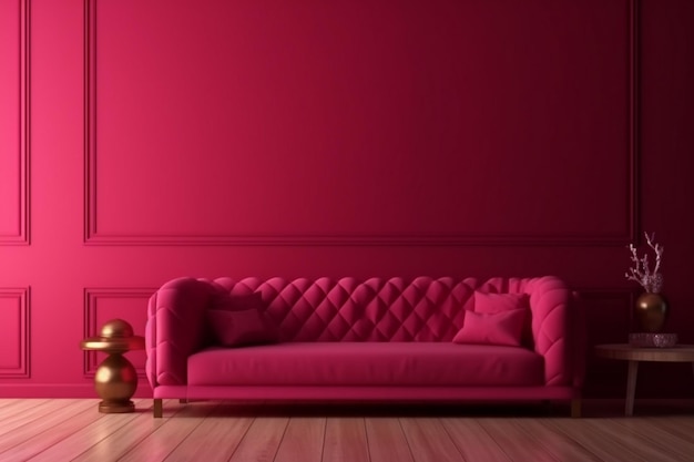 A pink couch in a living room with a vase on the floor.