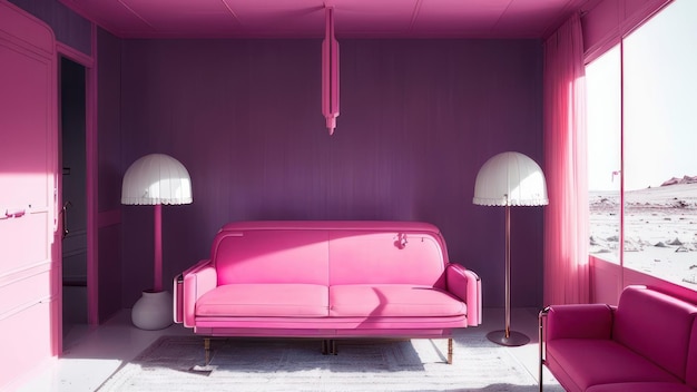 A pink couch in a purple room with a pink couch and a lamp.