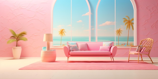 a pink couch in a room with a table and lamp