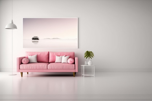 A pink couch in a white room with a picture of a boat on the wall.