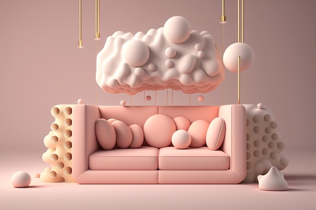 A pink couch with a cloud above it