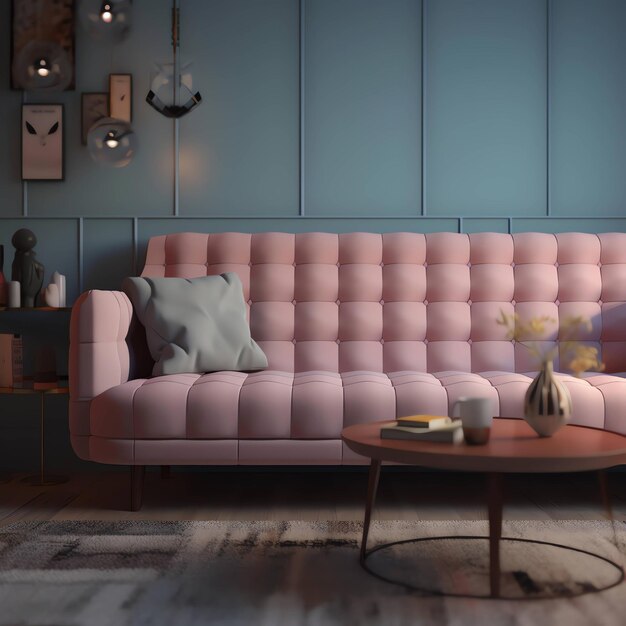 リビング ルームに枕が置かれたピンクのソファ。