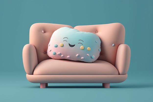 A pink couch with a pillow that says'cloud'on it