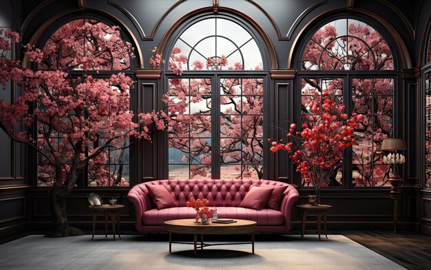 Foto un divano rosa con un divano rosa e una finestra con un ciliegio rosa sullo sfondo.