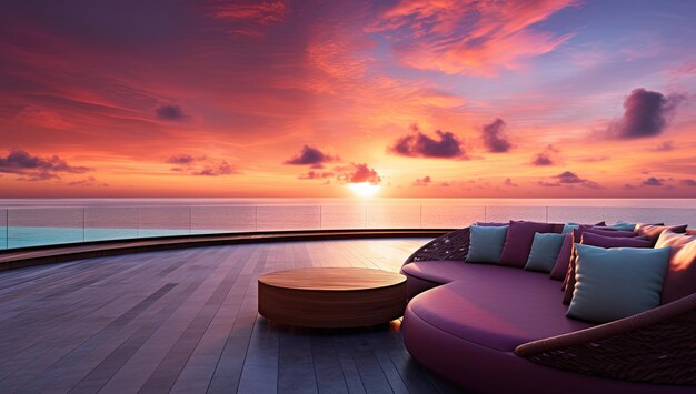 Photo a pink couch with a pink cushion sits on a deck with a pink and purple sky in the background