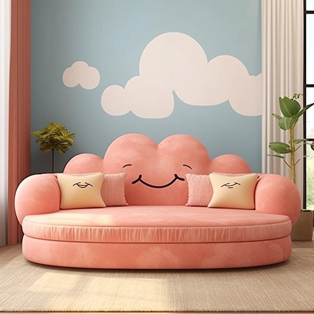 Photo a pink couch with a smiling cloud on the top.