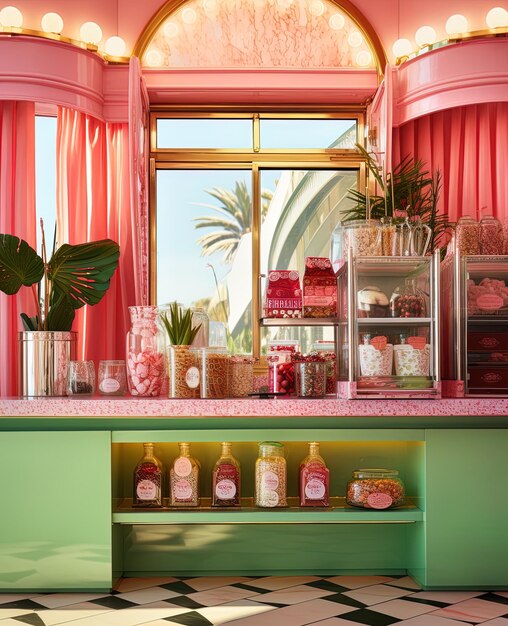 Photo a pink counter with a pink shelf with a plant in the window