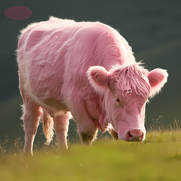 Pink cow grazing in green field