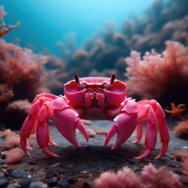 A pink crab with red legs and claws walking on a stone floor under the sea