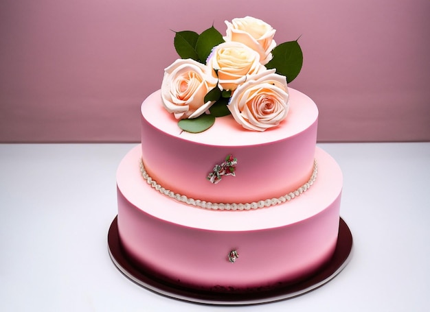 Pink cream wedding cake decorate with fresh roses