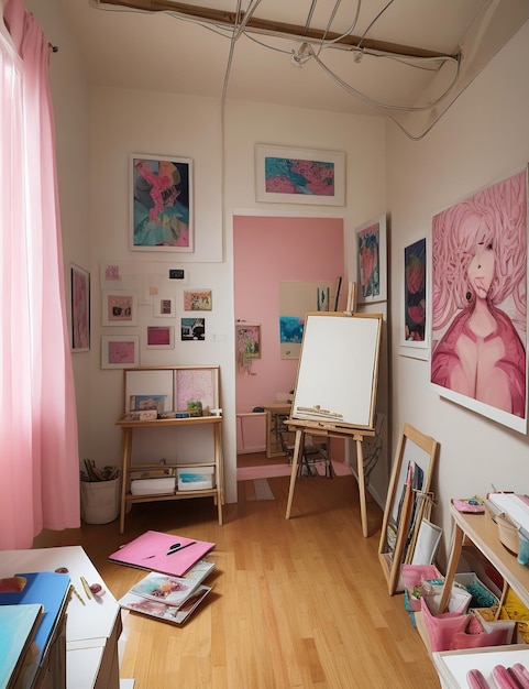 イーゼル キャンバスと進行中の作品に囲まれたピンクのクリエイティブ アート スタジオ