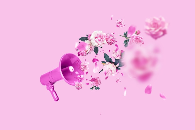 Pink creative megaphone and flat pink flowers roses and peonies on a pastel pink background Concept creative idea of spring and women's day Flora flowers and beauty