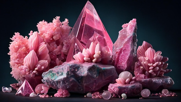 Pink crystals and other on a black surface generative ai
