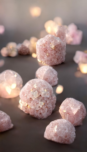 Pink crystals on a table with a white background