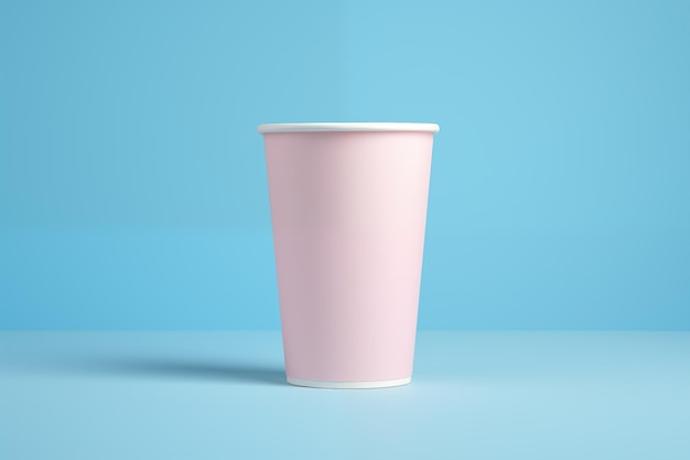 A pink cup on a blue surface