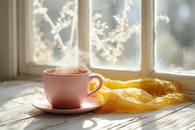 A pink cup of coffee and orange cloth on a white rustic table next to a window