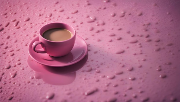 Photo a pink cup of coffee on a rainy day