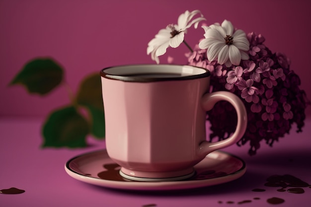 A pink cup of coffee with flowers on the table