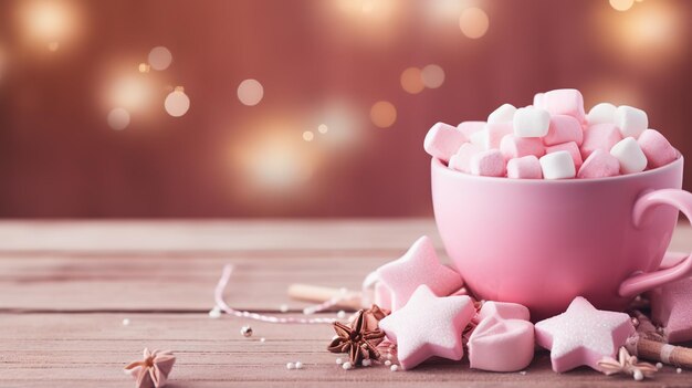 pink cup of hot cocoa with marshmallows on a wooden table with Christmas spices