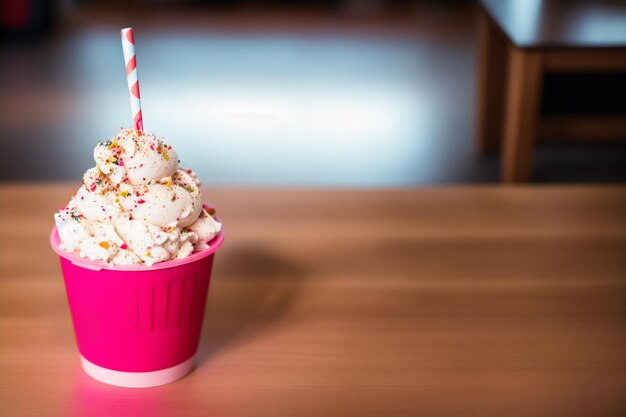 A pink cup of ice cream with sprinkles on top sits on a wooden table.