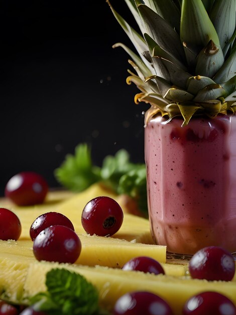 Photo a pink cup of pineapple and bananas with a black background