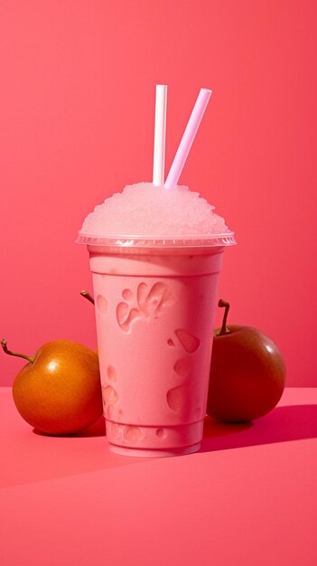 a pink cup with straws and straws next to it