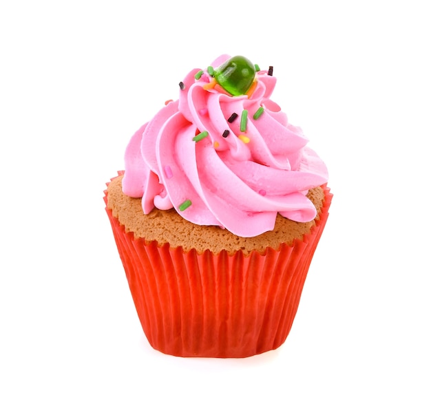 Pink cupcake isolated on white background