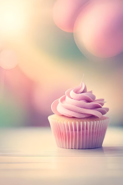 A pink cupcake with a blurry background