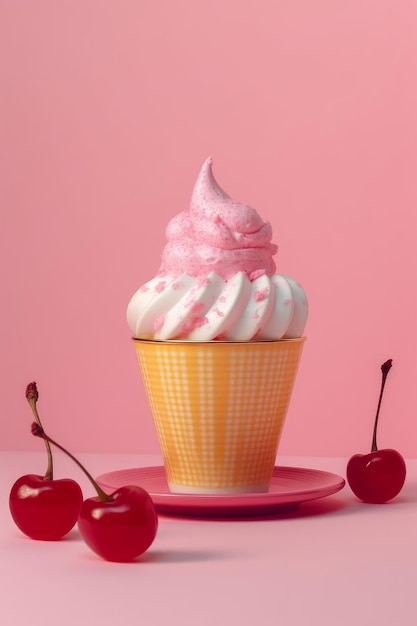 A pink cupcake with a pink cone that says ice cream on it.